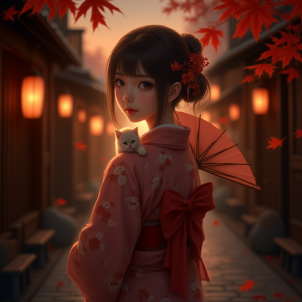 A Japanese girl wearing an autumn kimono, shown from the waist up, turning gently to look at the camera. She holds a paper parasol resting against her shoulder. A small cat sits at her feet, just within frame. The setting is an old-fashioned Japanese street at twilight, with warm lantern light and wooden buildings behind her. Red maple leaves drift through the air. Shot with an 85mm f/1.2 lens, the image has a soft, cinematic depth of field and natural lens compression. Her expression is calm and thoughtful. The mood is peaceful, nostalgic, and richly detailed.