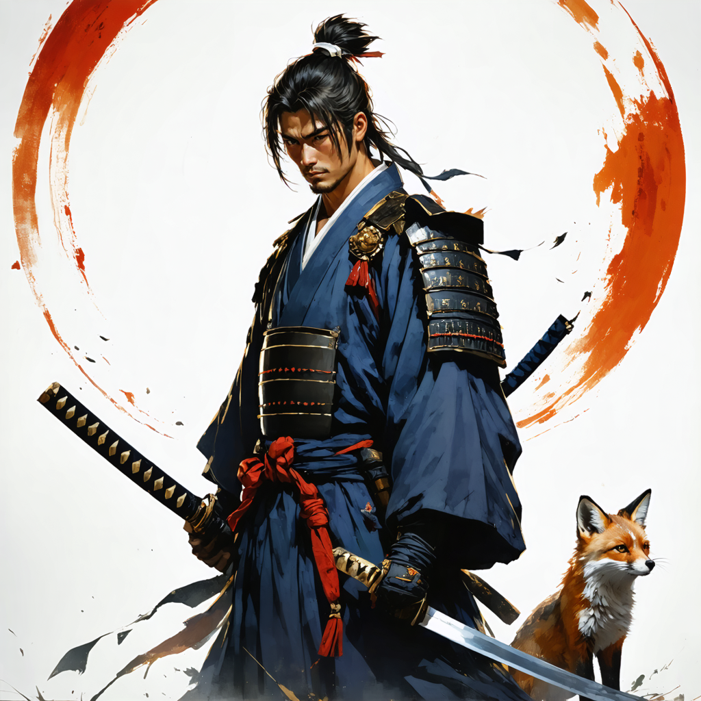 The samurai in kimono, holding a samurai sword, is handsome and elegant. The little fox beside him is equivalent to his attendant.
