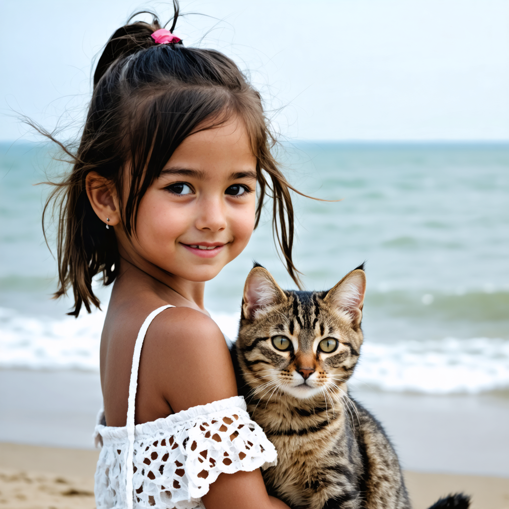 A cute girl with a cute cat in the beach
