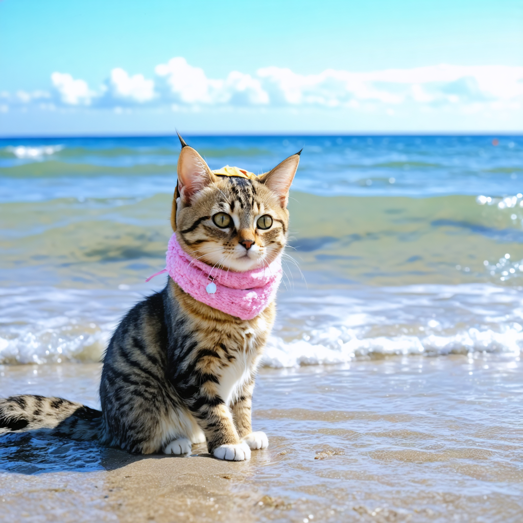 A cute cat with a cute girl in the beach
